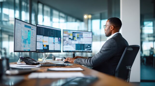 Professional businessman analyzing data on multiple computer monitors in modern office environment with city view windows and contemporary workspace setup