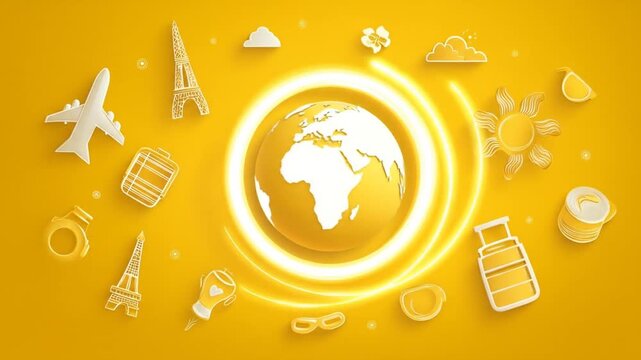 Animated travel themed illustration airplane eiffel tower and globe with yellow background