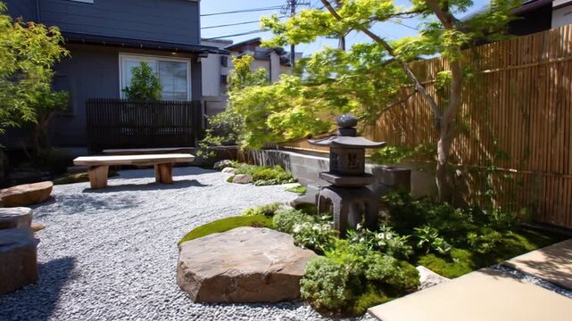 Tranquil japanese garden scenic view featuring meticulously arranged stones plants and lanterns