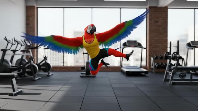 Energetic Macaw Soars Through Gym, Displaying Vibrant Wings and Athleticism