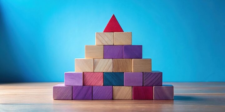 A pyramid structure constructed of colorful wooden blocks, culminating in a single red triangular piece atop a foundation of varied hues, signifying growth and achievement