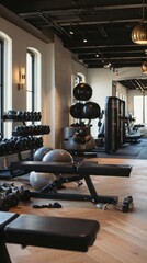 A modern gym interior featuring weights, exercise balls, and various fitness equipment, designed for a functional workout environment.