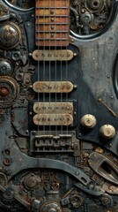Fototapeta premium A detailed, artistic guitar showcasing intricate mechanical designs, combining elements of steampunk and vintage aesthetics.