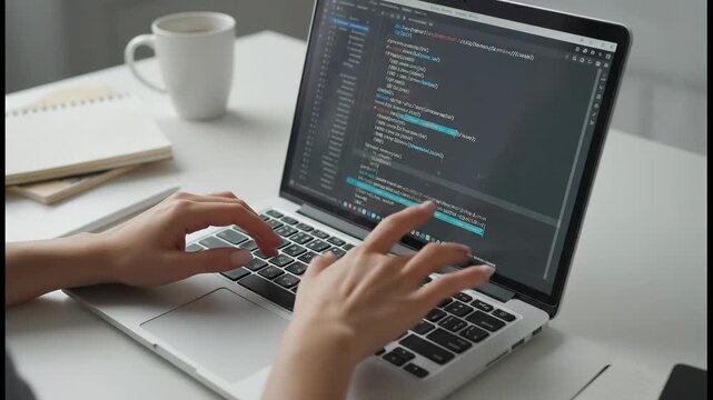 Software developer writing code on a laptop keyboard. A person working on a programming project in a minimalist workspace. Close-up lockdown shot.