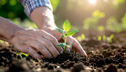 Close-up of farmer hands planting small green seedling into rich soil. Concept of agriculture, growth, sustainability, and environmental care with natural morning light.