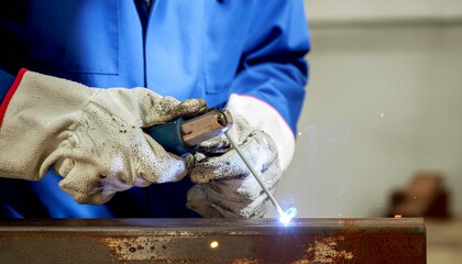 Close-up of welder hands with gloves using arc welding torch on metal surface. Sparks and light detail showing craftsmanship, industrial work, and precision labor.