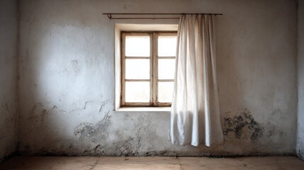 Fototapeta premium Faded light enters a room through a simple window covered by a curtain.