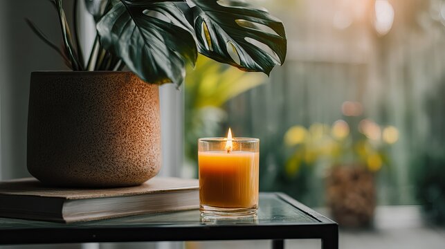 Relaxing ambiance with a glowing candle and lush plant, perfect for creating a cozy and inviting atmosphere for home decor projects
