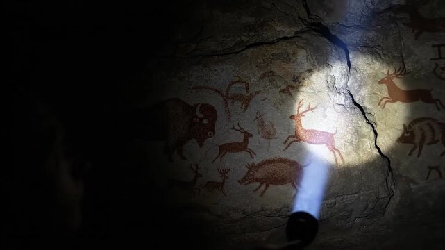 Explorer's flashlight reveals prehistoric rock art in a dark cave. Ancient drawings of bison and deer. Archaeological exploration concept. Handheld panning shot.