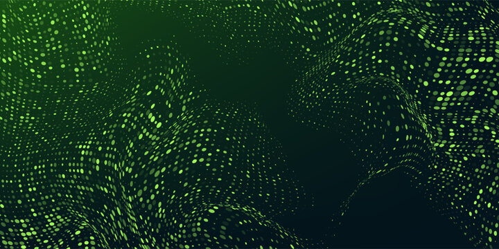 Dot green wave light screen gradient texture dark background. Abstract  technology big data digital background. 3d rendering.