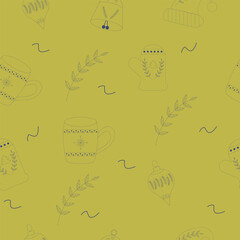 Doodle vector pattern with hand drawn coffee cup.