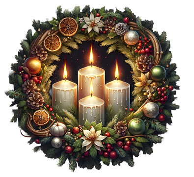 Adventskranz mit 4 Kerzen, freigestellt als PNG isoliert