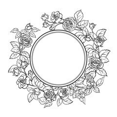 Rose Branch with Flowers and Leaves Outline Round Frame. Vector isolated for design or decoration.