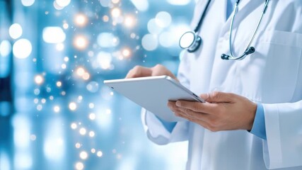 Doctor using digital tablet with futuristic medical interface in hospital - Powered by Adobe