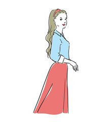 レトロファッションのロングヘアフェミニンな女性