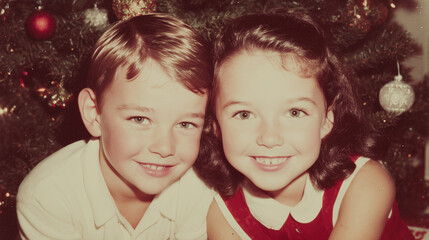 50s style aesthetic christmas photo of happy pair of kids enjoying christmas tree