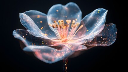 Digital Blossom of Light in Dark Black Background