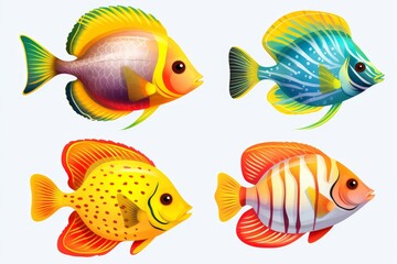 Naklejka premium Four colorful tropical fish are swimming in the ocean, showcasing vibrant colors and patterns