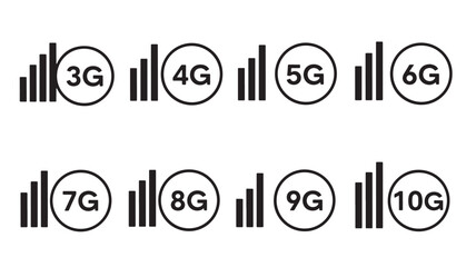 Wireless network generation icons from 3g to 10g sleek silhouette on transparent background
