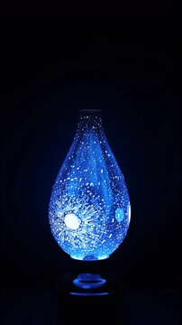 Blue glass teardrop lamp glowing softly in a dark room, creating ambient decorative lighting
