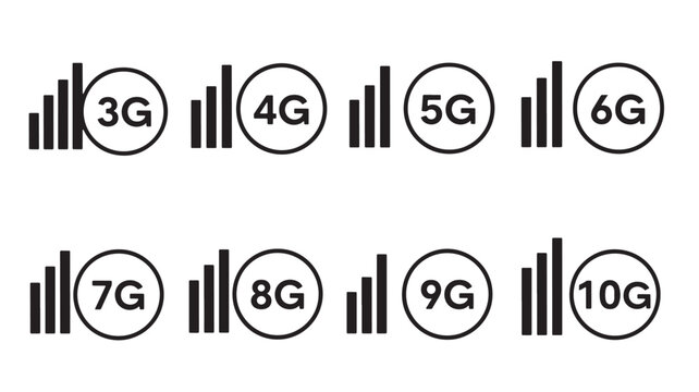 Wireless network generation icons from 3g to 10g sleek silhouette on transparent background