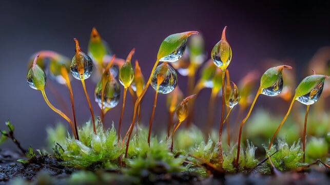 Magical close up of dew drops on vibrant green moss creates a dreamy, ethereal ambiance perfect for nature and wellness designs - Powered by Adobe