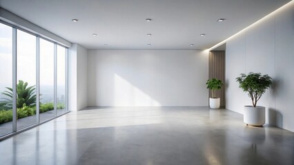 Modern Minimalist Interior Design Spacious Room with Floor-to-Ceiling Windows and Potted Plants