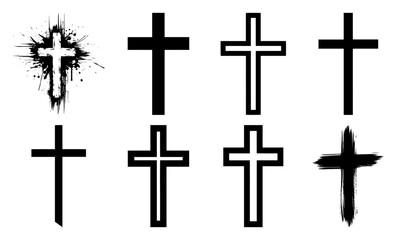 Minimalist cross symbol variations set including grunge paint splatter and outline crucifix vector icons.
