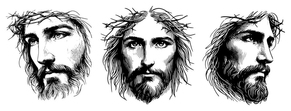 Jesus Christ portrait trio with crown of thorns detailed hand-drawn engraving vector illustration.