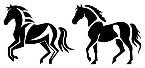 Stylized horse silhouettes trotting elegant equine logo set vintage engraving vector illustration