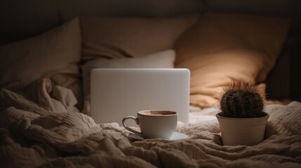 A cozy scene featuring a laptop, a cup of coffee, and a cactus on a bed, surrounded by soft pillows and blankets, highlighting comfort and relaxation.