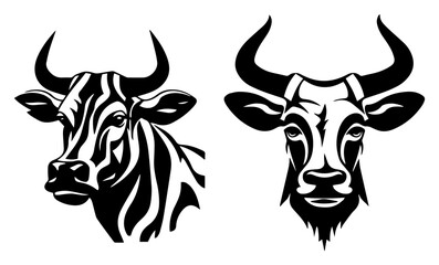 Stylized cow head logo with bold horns and abstract stripes strong cattle farm mascot engraving vector illustration