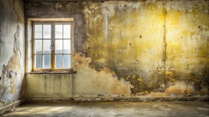 A sunlit window in a dilapidated room with peeling paint and textured walls