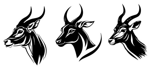 Antelope gazelle heads silhouette set with elegant curved horns wildlife safari animal vector illustration © Luka