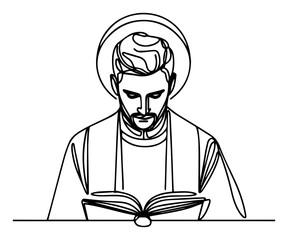 Saint reading holy scripture one‑line drawing halo priest cleric minimalist Christian illustration