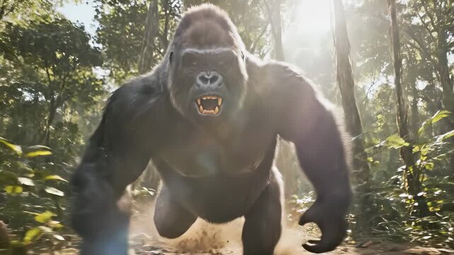 Charging silverback gorilla roars while running through a sunlit jungle. A display of primate aggression and dominance in the wild. Low angle tracking shot.
