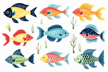 Naklejka premium Nine colorful tropical fish swimming in an aquarium with algae