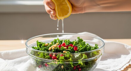 Hand squeezing fresh lemon juice onto a healthy kale salad. Preparing a nutritious vegetarian meal with pomegranate and pine nuts. Healthy eating concept