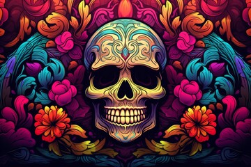 Fototapeta premium Stylized calavera skull, adorned with intricate patterns, takes center stage against a backdrop of vibrant, swirling floral designs