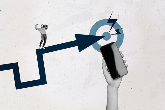 Collage with person observing rising arrow symbolizing startup growth business income statistics trading decrease increase