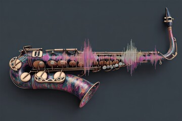 A colorful saxophone with an audio waveform visually represented beside it, symbolizing music and sound.