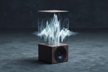 A modern speaker design showcasing sound waves visually represented in a sleek, transparent case with a wooden base.