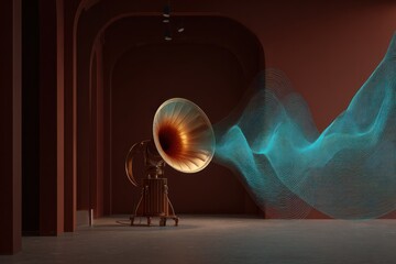 A vintage gramophone emits vibrant sound waves in a contemporary, minimalist space with warm red tones and artistic design elements.