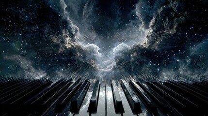 A surreal scene combining a piano with a cosmic background, featuring swirling clouds and stars, evoking a sense of creativity and imagination.