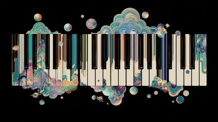 A colorful abstract design featuring piano keys, blending musical elements with vibrant swirls and bubbles, creating a dynamic visual experience.