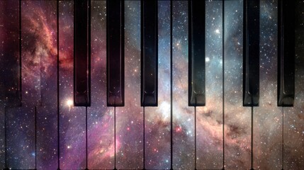 A cosmic piano keyboard blends the beauty of the universe with musical elements, showcasing vibrant galaxies and stars.