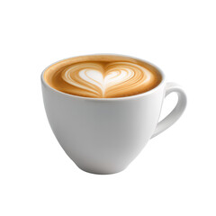 A delicious cup of hot latte coffee with a heart shape art on top, isolated on transparent background