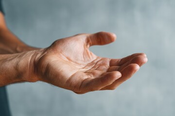 A close-up of a human hand, palm open, against a neutral backdrop, suggesting themes of giving, receiving, or communication.