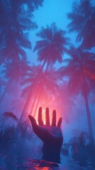 A surreal scene featuring a glowing hand reaching out amidst lush, misty palm trees, illuminated by vibrant colors and ethereal light.