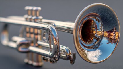 A close-up of a shiny trumpet showcasing intricate details and reflections, highlighting its polished surface and craftsmanship.